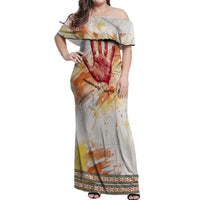 Native American Red Handprint Off Shoulder Maxi Dress Watercolor Paint Splash and Brave Horse Art - Wonder Print Shop
