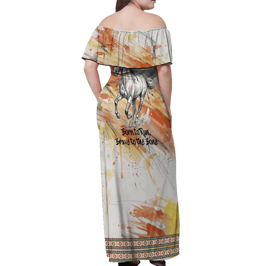 Native American Red Handprint Off Shoulder Maxi Dress Watercolor Paint Splash and Brave Horse Art - Wonder Print Shop