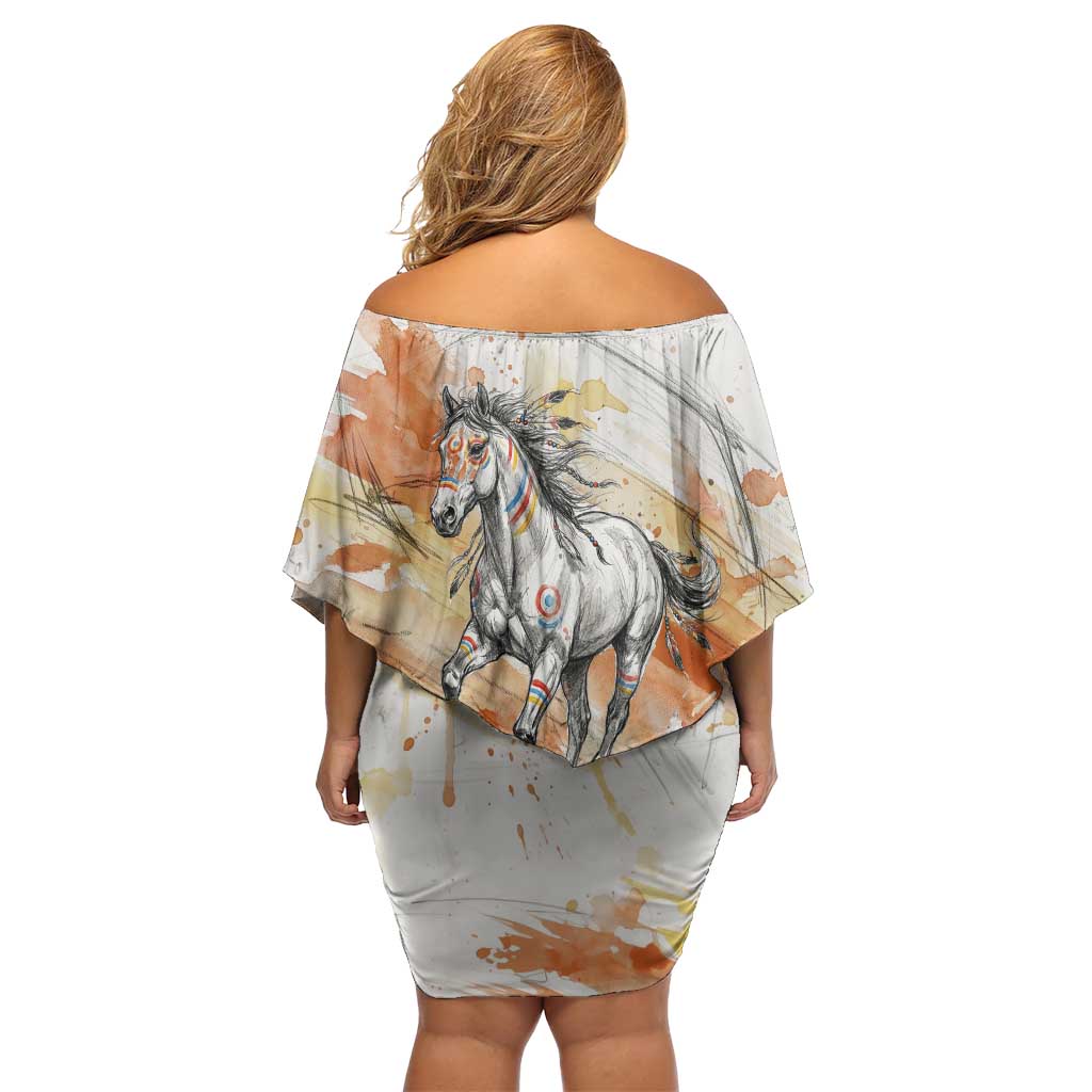 Native American Red Handprint Off Shoulder Short Dress Watercolor Paint Splash and Brave Horse Art - Wonder Print Shop