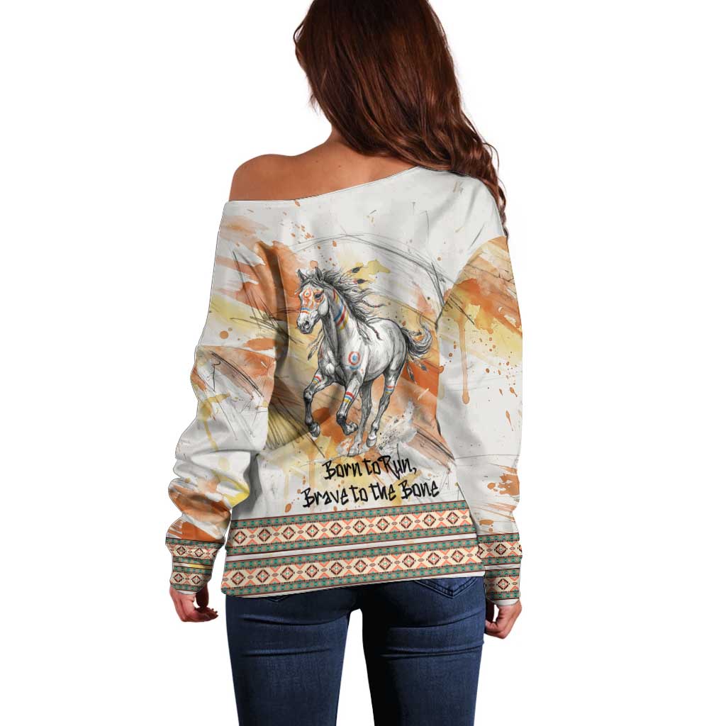 Native American Red Handprint Off Shoulder Sweater Watercolor Paint Splash and Brave Horse Art - Wonder Print Shop