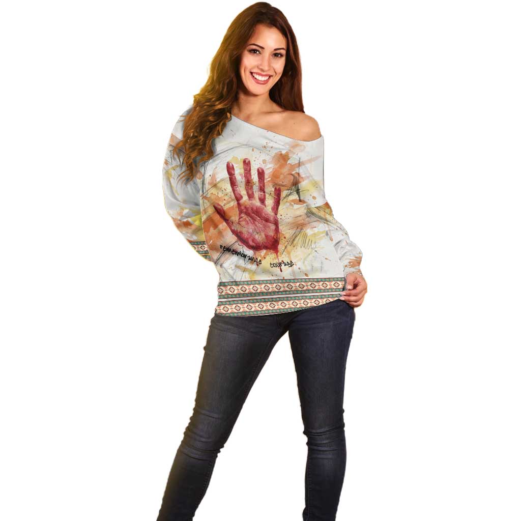 Native American Red Handprint Off Shoulder Sweater Watercolor Paint Splash and Brave Horse Art - Wonder Print Shop