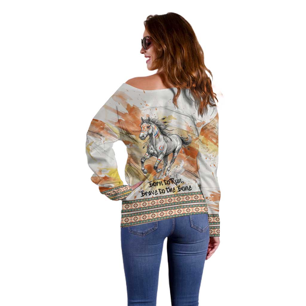 Native American Red Handprint Off Shoulder Sweater Watercolor Paint Splash and Brave Horse Art - Wonder Print Shop