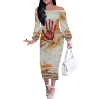Native American Red Handprint Off The Shoulder Long Sleeve Dress Watercolor Paint Splash and Brave Horse Art - Wonder Print Shop