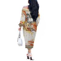 Native American Red Handprint Off The Shoulder Long Sleeve Dress Watercolor Paint Splash and Brave Horse Art - Wonder Print Shop