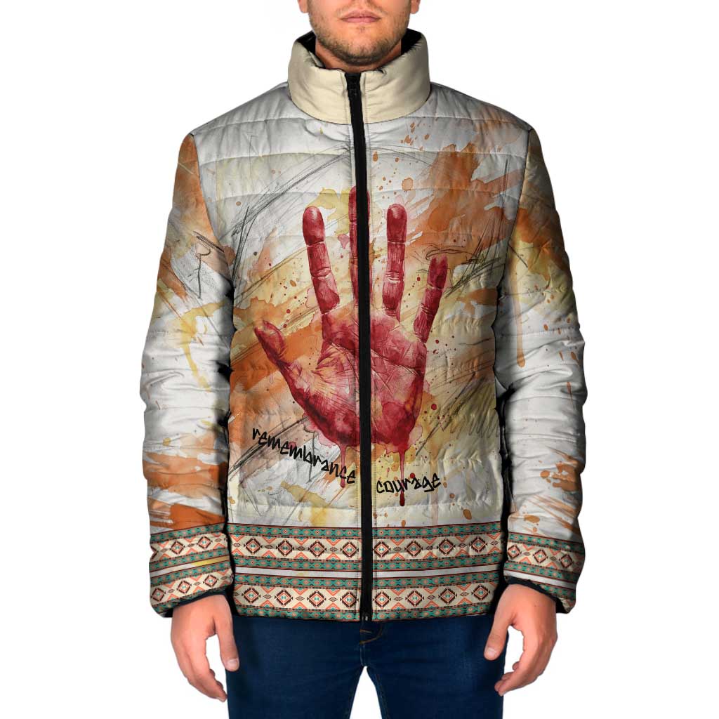 Native American Red Handprint Padded Jacket Watercolor Paint Splash and Brave Horse Art - Wonder Print Shop