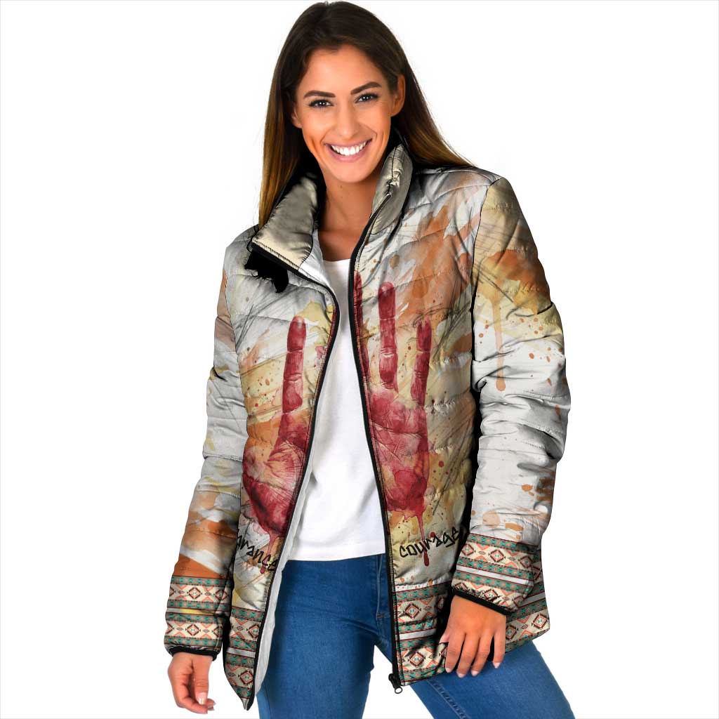 Native American Red Handprint Padded Jacket Watercolor Paint Splash and Brave Horse Art - Wonder Print Shop