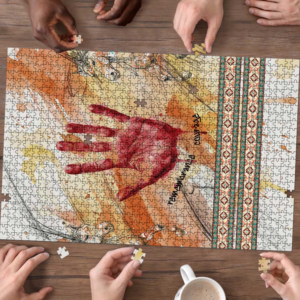 Native American Red Handprint Puzzle Watercolor Paint Splash and Brave Horse Art - Wonder Print Shop