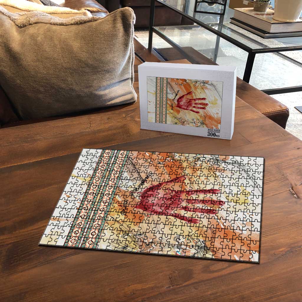 Native American Red Handprint Puzzle Watercolor Paint Splash and Brave Horse Art - Wonder Print Shop