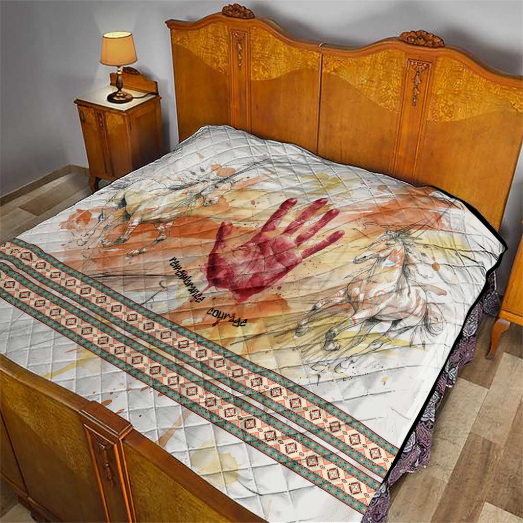 Native American Red Handprint Quilt Watercolor Paint Splash and Brave Horse Art - Wonder Print Shop