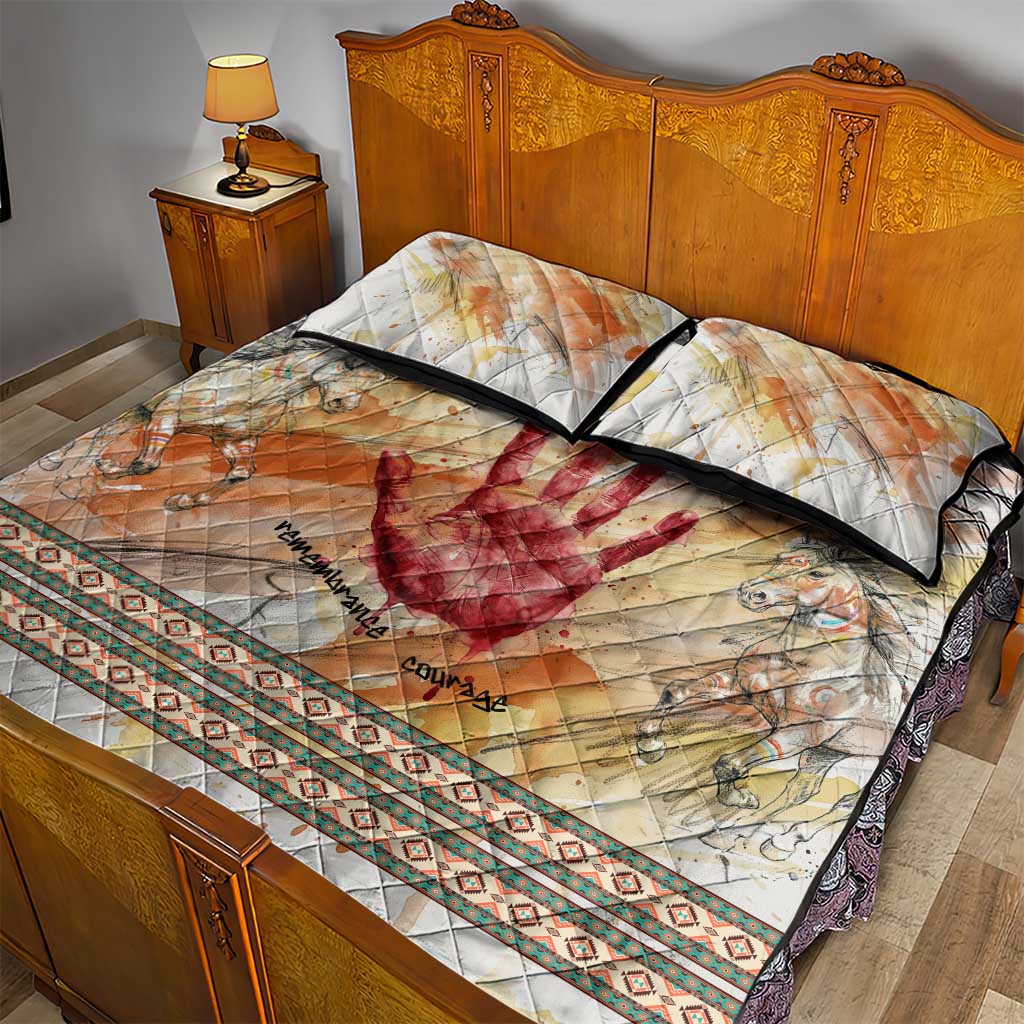 Native American Red Handprint Quilt Bed Set Watercolor Paint Splash and Brave Horse Art - Wonder Print Shop