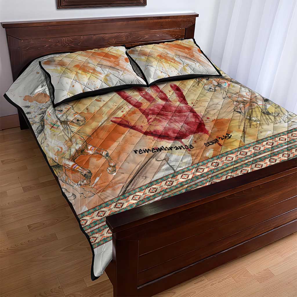 Native American Red Handprint Quilt Bed Set Watercolor Paint Splash and Brave Horse Art - Wonder Print Shop