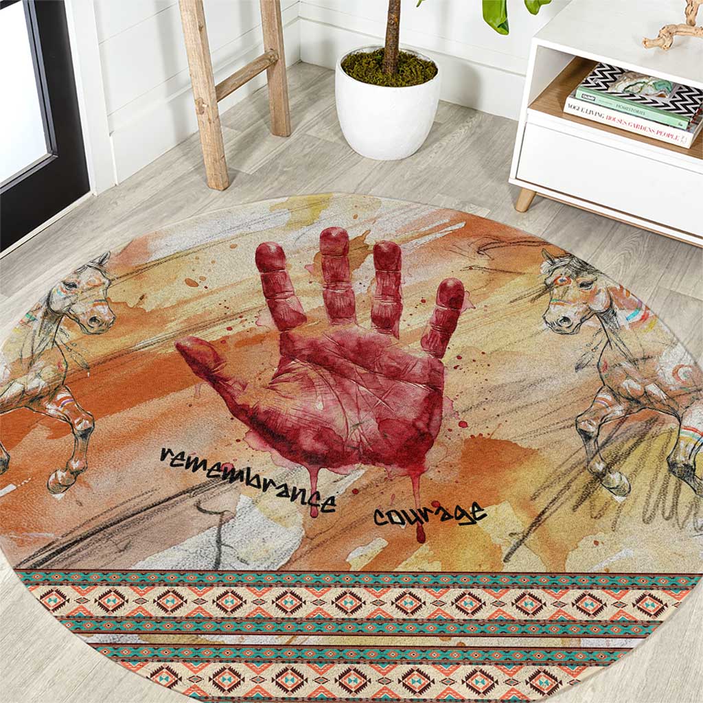 Native American Red Handprint Round Carpet Watercolor Paint Splash and Brave Horse Art - Wonder Print Shop