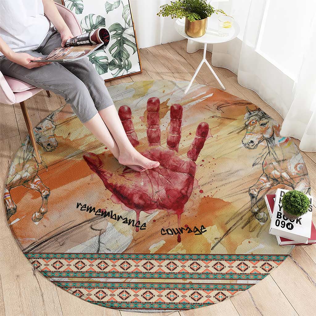 Native American Red Handprint Round Carpet Watercolor Paint Splash and Brave Horse Art - Wonder Print Shop