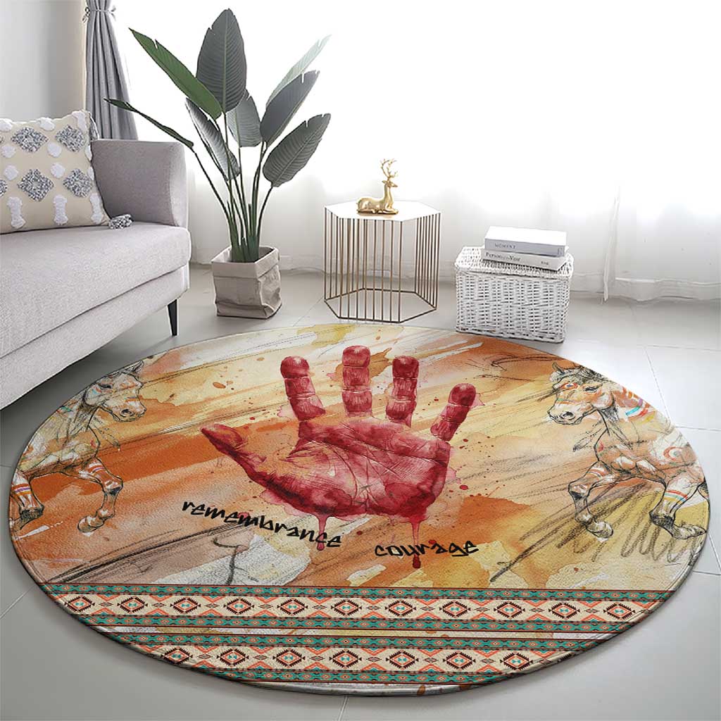 Native American Red Handprint Round Carpet Watercolor Paint Splash and Brave Horse Art - Wonder Print Shop