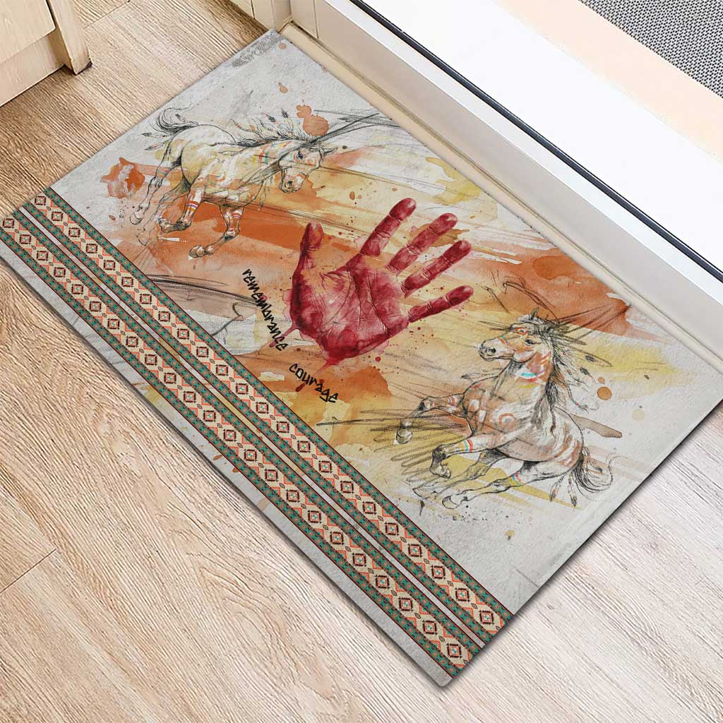 Native American Red Handprint Rubber Doormat Watercolor Paint Splash and Brave Horse Art - Wonder Print Shop