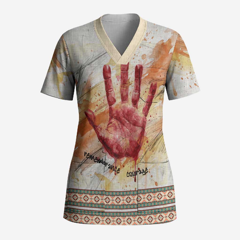 Native American Red Handprint Scrub Top Watercolor Paint Splash and Brave Horse Art - Wonder Print Shop