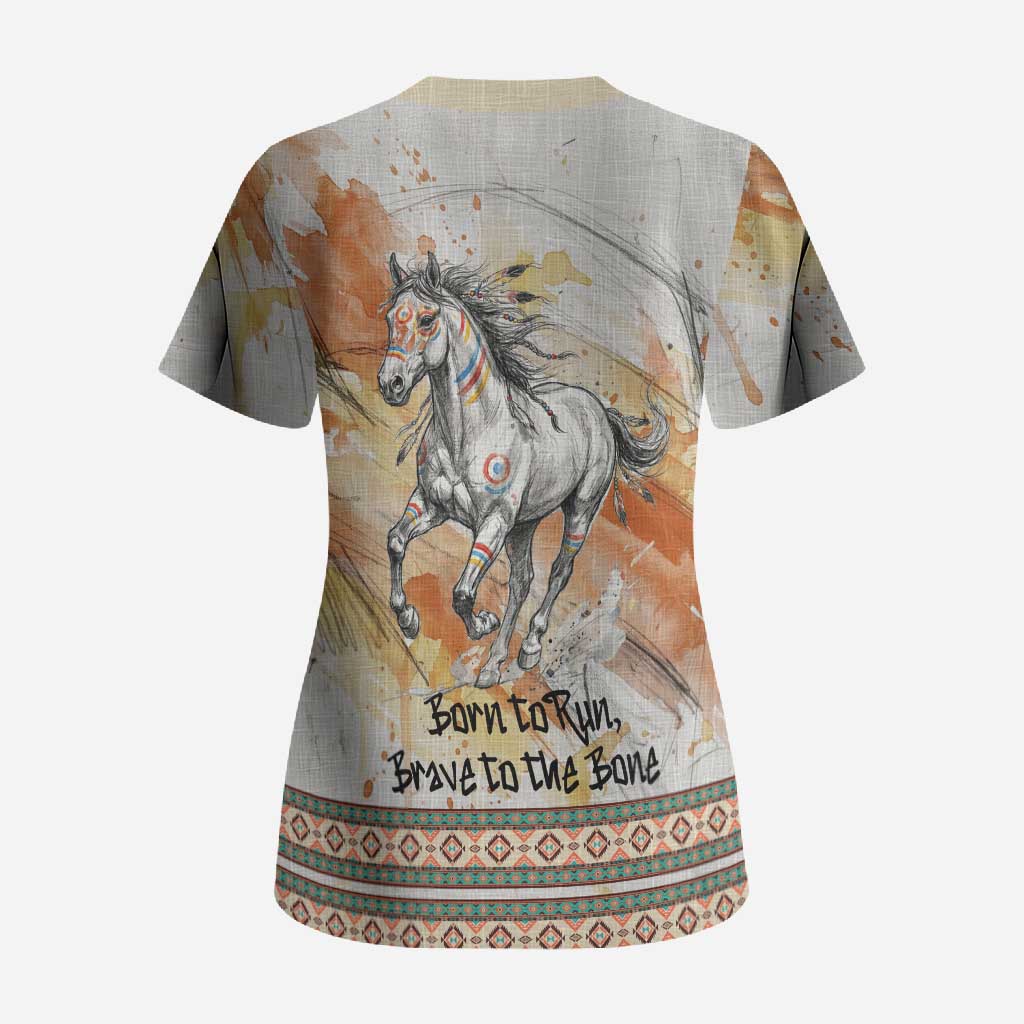 Native American Red Handprint Scrub Top Watercolor Paint Splash and Brave Horse Art - Wonder Print Shop