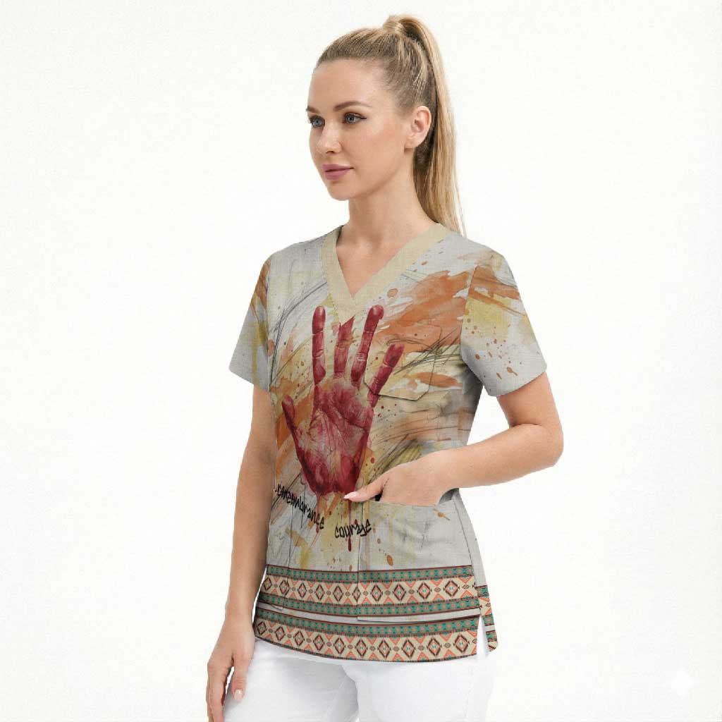 Native American Red Handprint Scrub Top Watercolor Paint Splash and Brave Horse Art - Wonder Print Shop
