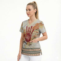 Native American Red Handprint Scrub Top Watercolor Paint Splash and Brave Horse Art - Wonder Print Shop