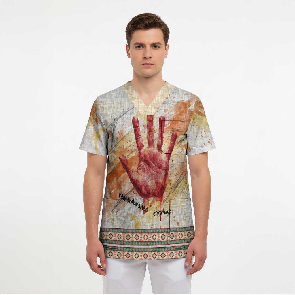 Native American Red Handprint Scrub Top Watercolor Paint Splash and Brave Horse Art - Wonder Print Shop