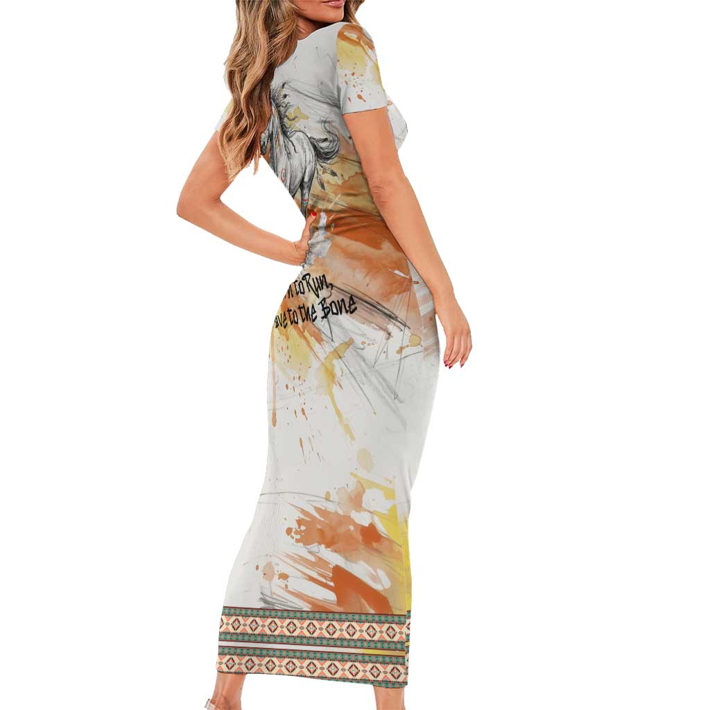 Native American Red Handprint Short Sleeve Bodycon Dress Watercolor Paint Splash and Brave Horse Art - Wonder Print Shop