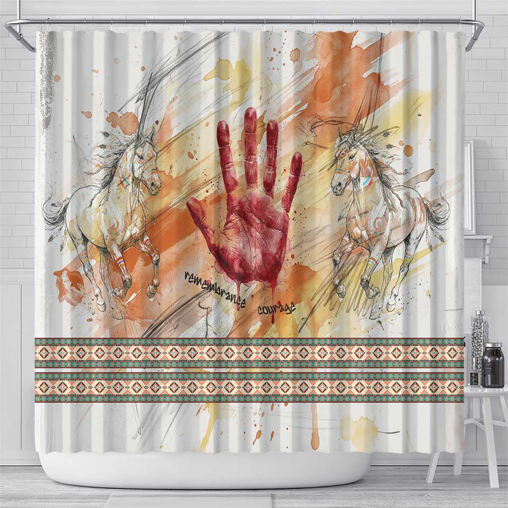 Native American Red Handprint Shower Curtain Watercolor Paint Splash and Brave Horse Art - Wonder Print Shop