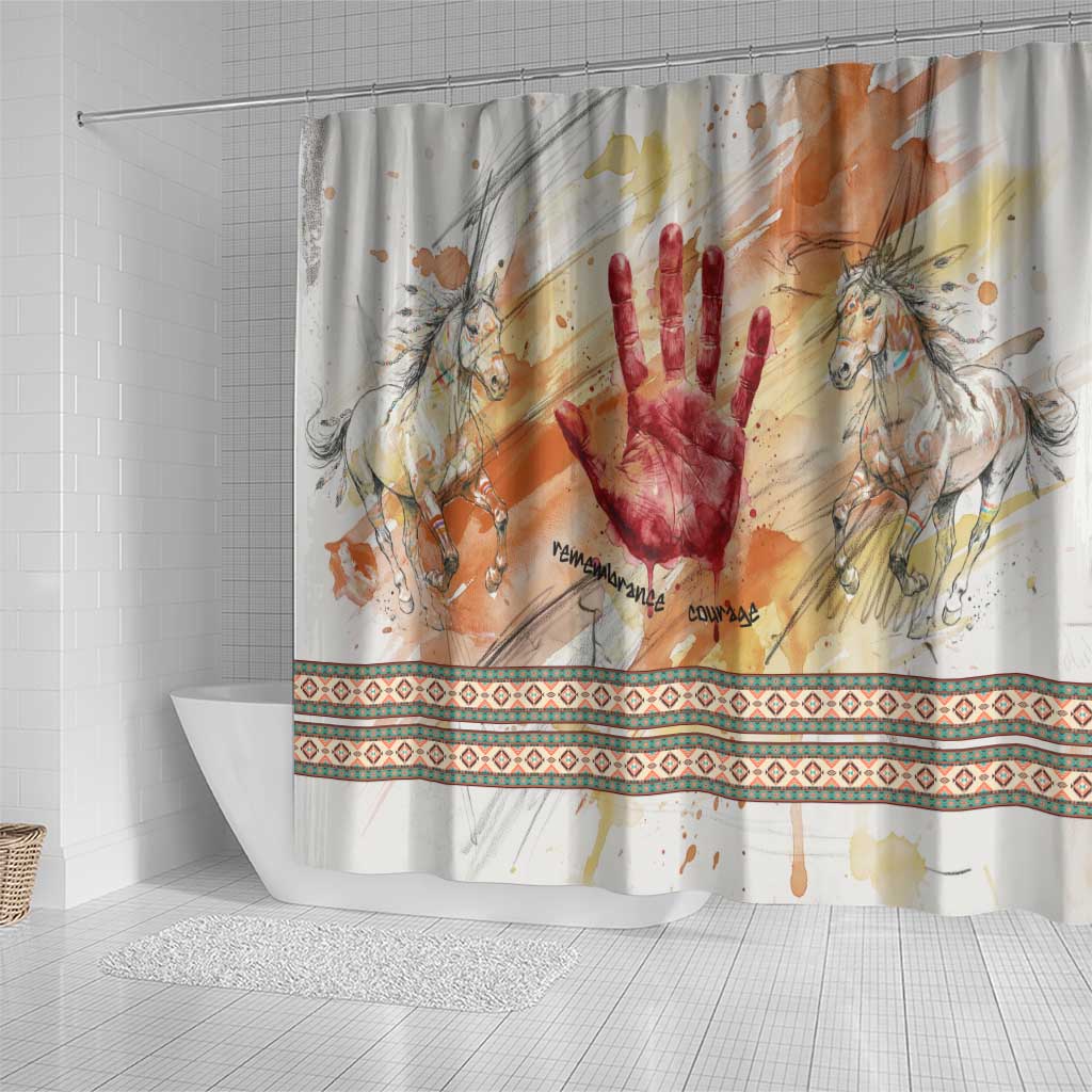 Native American Red Handprint Shower Curtain Watercolor Paint Splash and Brave Horse Art - Wonder Print Shop