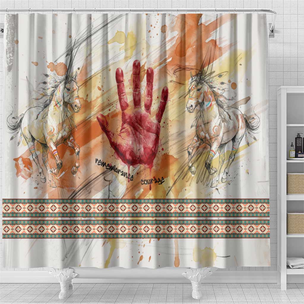 Native American Red Handprint Shower Curtain Watercolor Paint Splash and Brave Horse Art - Wonder Print Shop