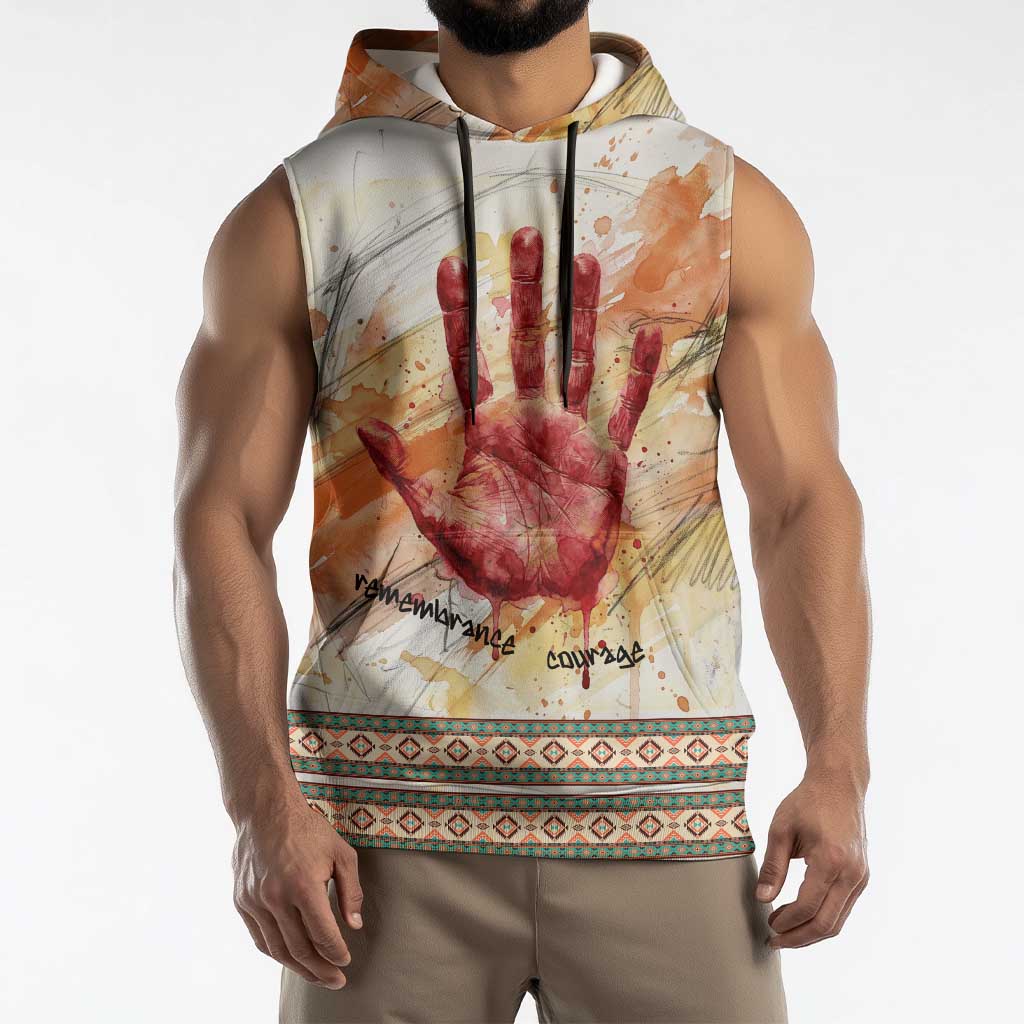 Native American Red Handprint Sleeveless Hoodie Watercolor Paint Splash and Brave Horse Art - Wonder Print Shop