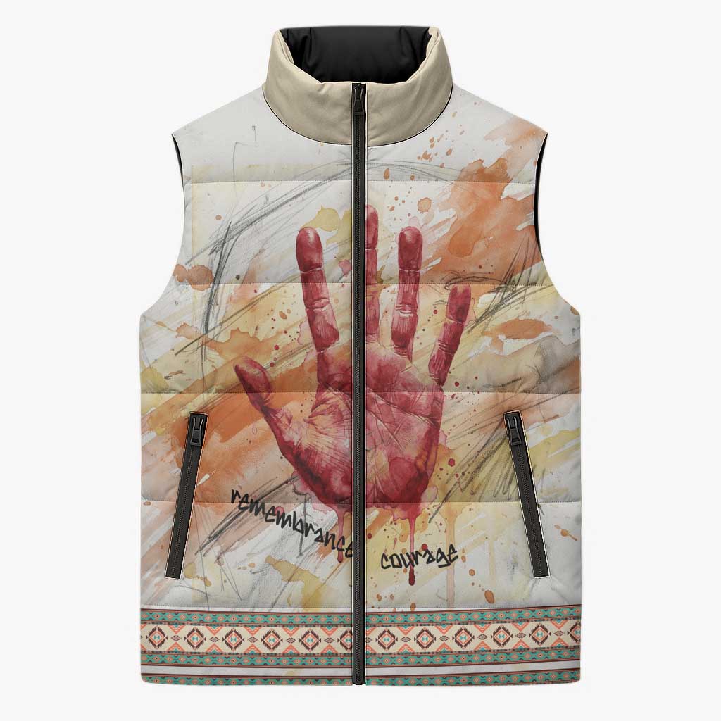 Native American Red Handprint Sleeveless Puffer Jacket Watercolor Paint Splash and Brave Horse Art - Wonder Print Shop