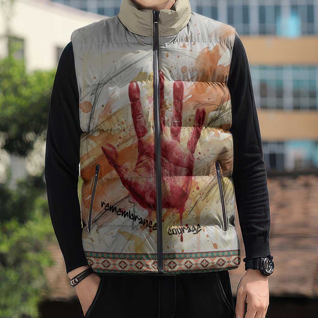 Native American Red Handprint Sleeveless Puffer Jacket Watercolor Paint Splash and Brave Horse Art - Wonder Print Shop