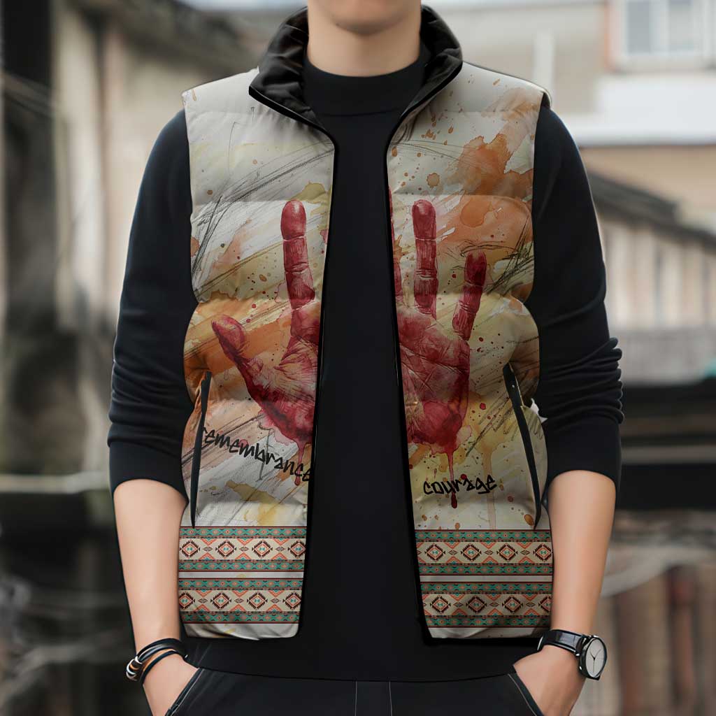 Native American Red Handprint Sleeveless Puffer Jacket Watercolor Paint Splash and Brave Horse Art - Wonder Print Shop