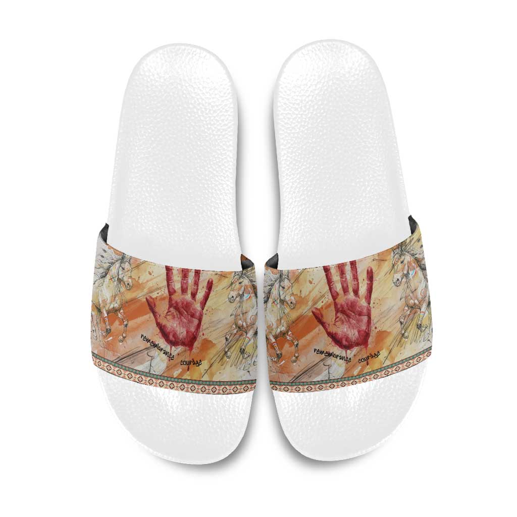 Native American Red Handprint Slide Sandals Watercolor Paint Splash and Brave Horse Art - Wonder Print Shop