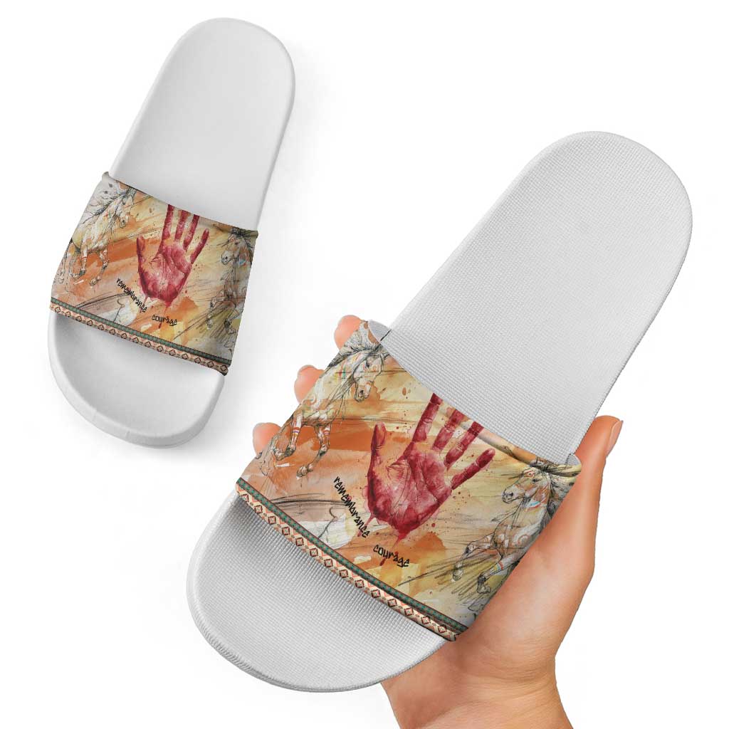 Native American Red Handprint Slide Sandals Watercolor Paint Splash and Brave Horse Art - Wonder Print Shop