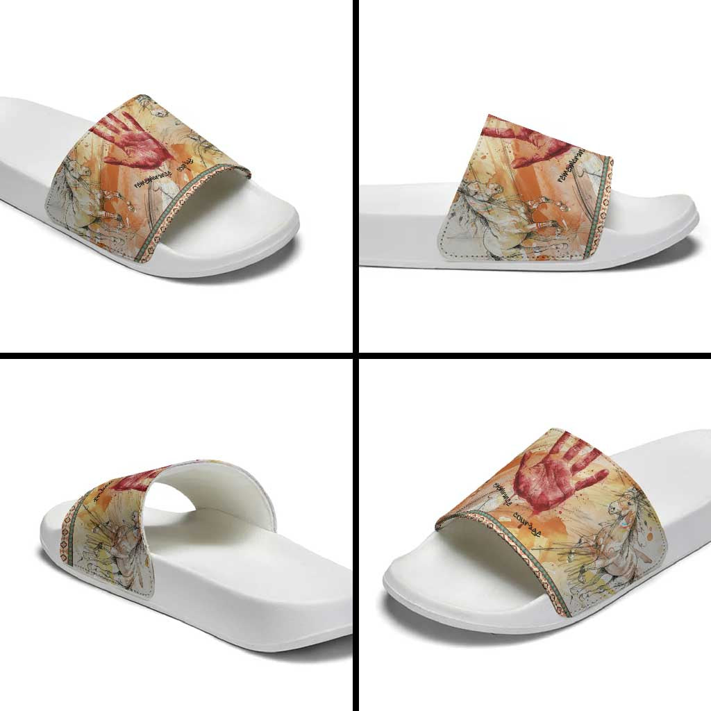 Native American Red Handprint Slide Sandals Watercolor Paint Splash and Brave Horse Art - Wonder Print Shop