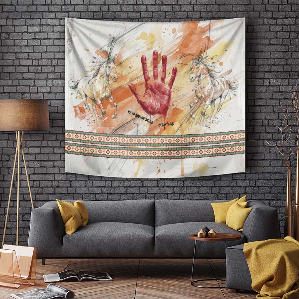 Native American Red Handprint Tapestry Watercolor Paint Splash and Brave Horse Art - Wonder Print Shop