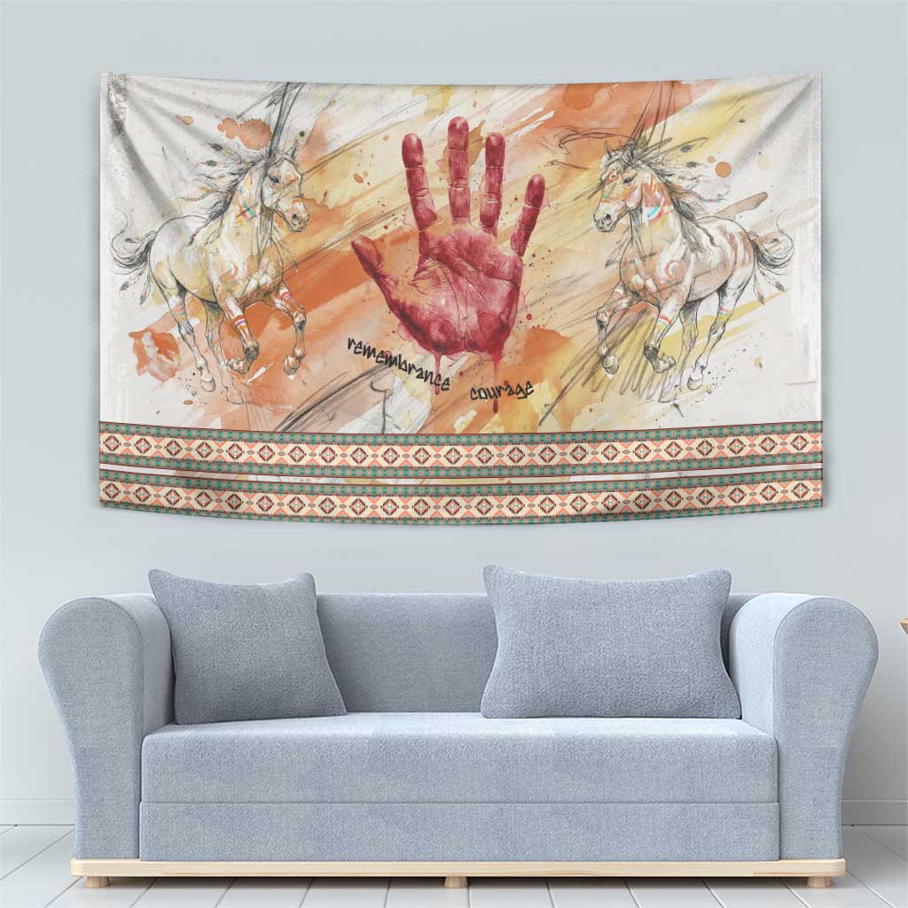 Native American Red Handprint Tapestry Watercolor Paint Splash and Brave Horse Art - Wonder Print Shop