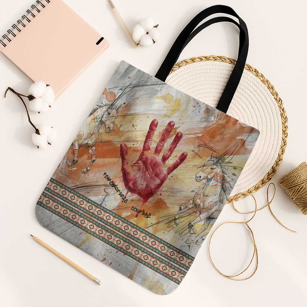 Native American Red Handprint Tote Bag Watercolor Paint Splash and Brave Horse Art - Wonder Print Shop