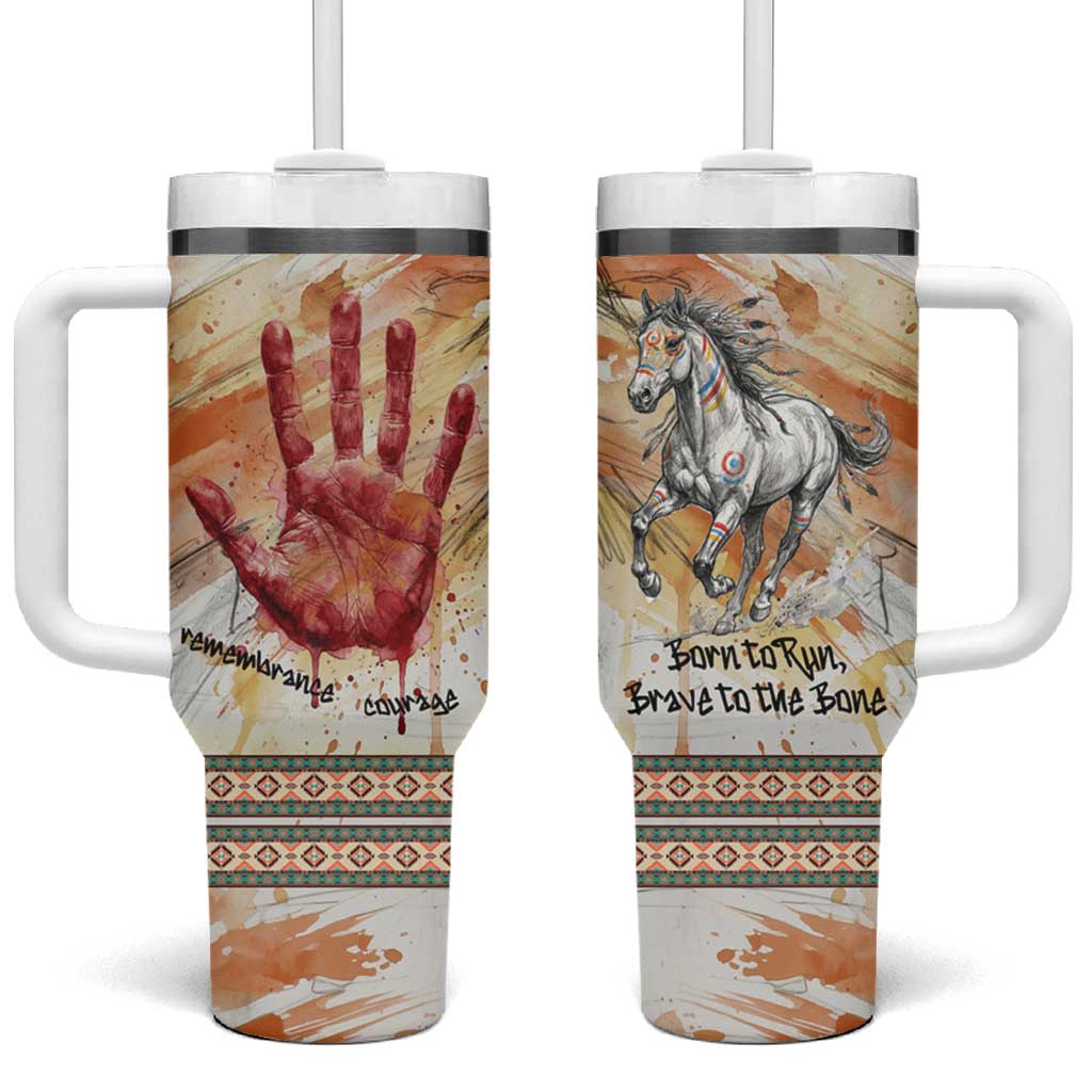 Native American Red Handprint Tumbler With Handle Watercolor Paint Splash and Brave Horse Art - Wonder Print Shop