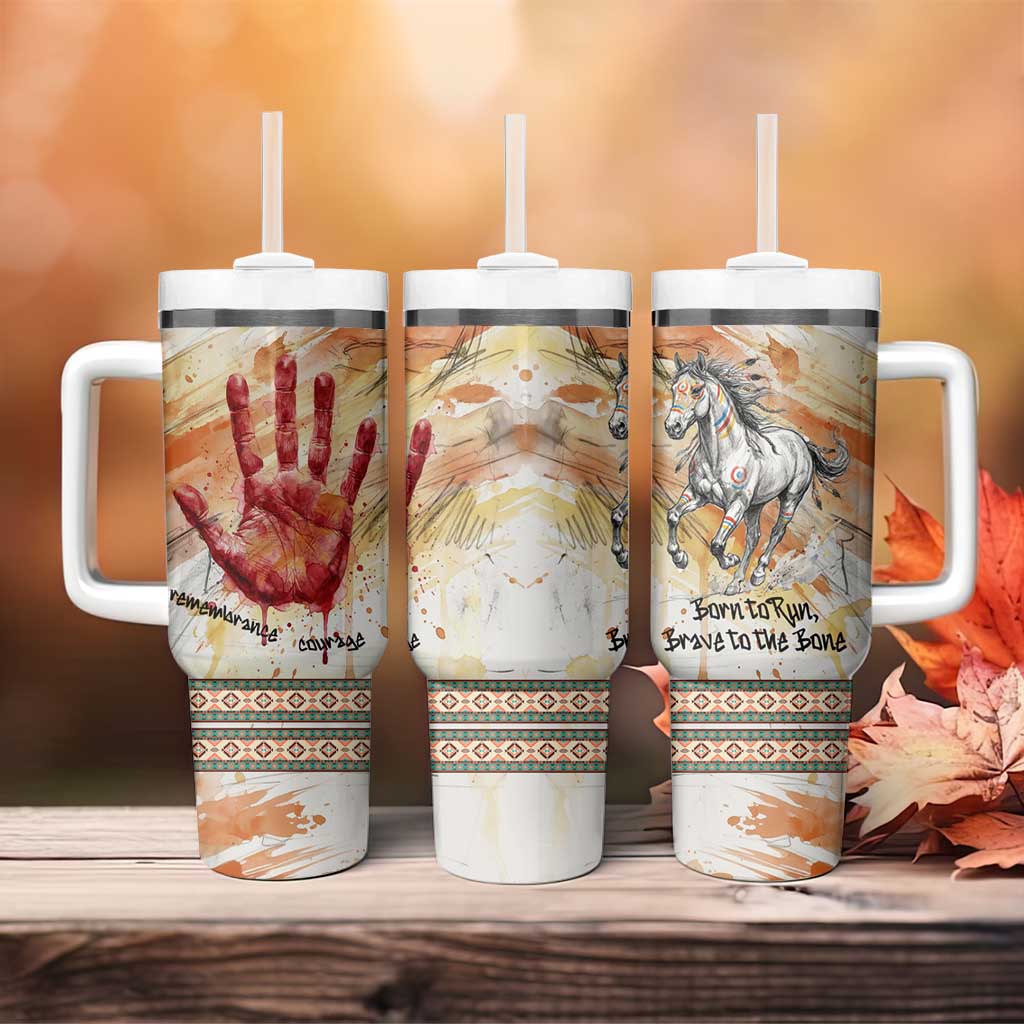 Native American Red Handprint Tumbler With Handle Watercolor Paint Splash and Brave Horse Art - Wonder Print Shop