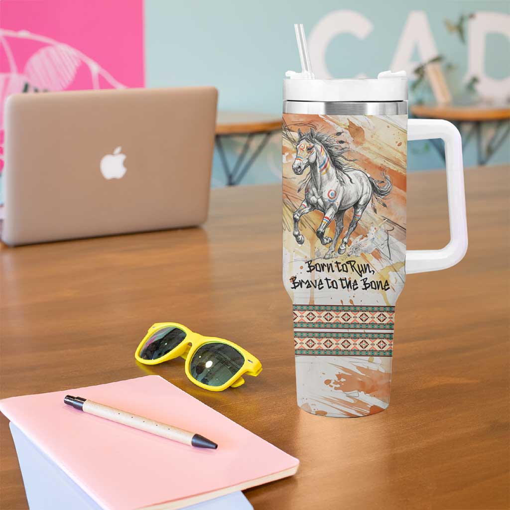 Native American Red Handprint Tumbler With Handle Watercolor Paint Splash and Brave Horse Art - Wonder Print Shop