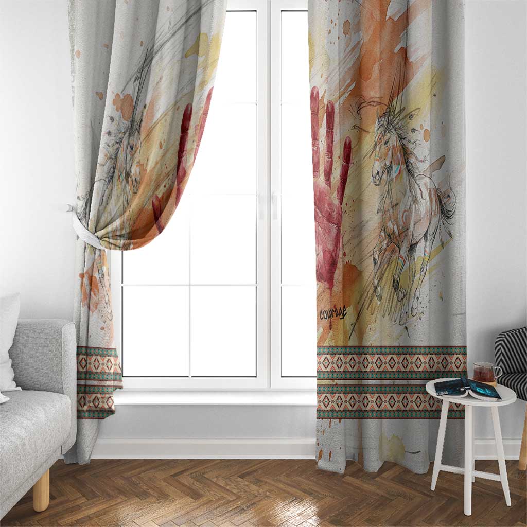 Native American Red Handprint Window Curtain Watercolor Paint Splash and Brave Horse Art - Wonder Print Shop