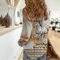Native American Red Handprint Women Casual Shirt Watercolor Paint Splash and Brave Horse Art - Wonder Print Shop