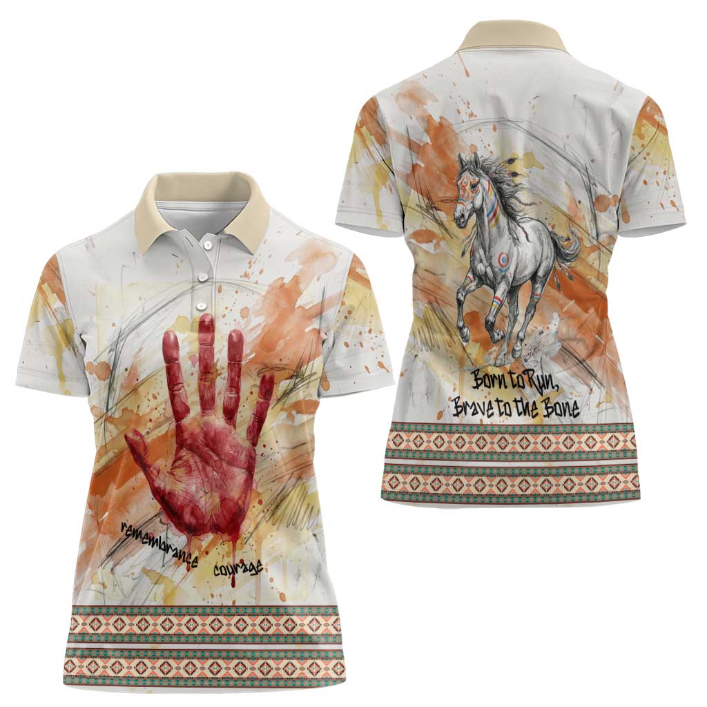 Native American Red Handprint Women Polo Shirt Watercolor Paint Splash and Brave Horse Art - Wonder Print Shop
