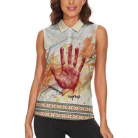 Native American Red Handprint Women Sleeveless Polo Shirt Watercolor Paint Splash and Brave Horse Art - Wonder Print Shop