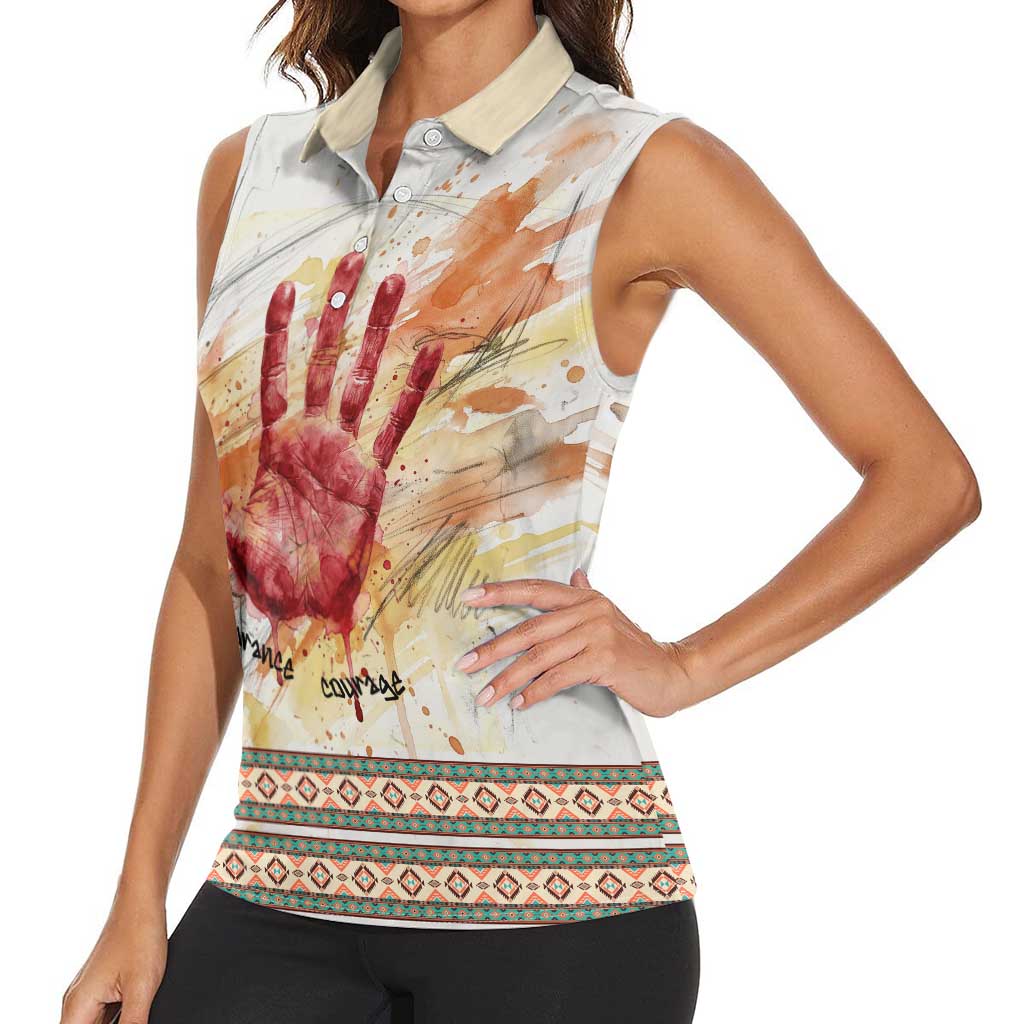 Native American Red Handprint Women Sleeveless Polo Shirt Watercolor Paint Splash and Brave Horse Art - Wonder Print Shop