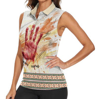 Native American Red Handprint Women Sleeveless Polo Shirt Watercolor Paint Splash and Brave Horse Art - Wonder Print Shop