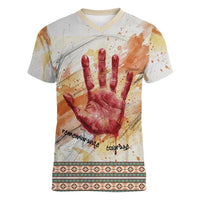 Native American Red Handprint Women V-Neck T-Shirt Watercolor Paint Splash and Brave Horse Art - Wonder Print Shop