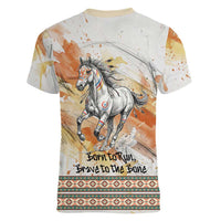 Native American Red Handprint Women V-Neck T-Shirt Watercolor Paint Splash and Brave Horse Art - Wonder Print Shop