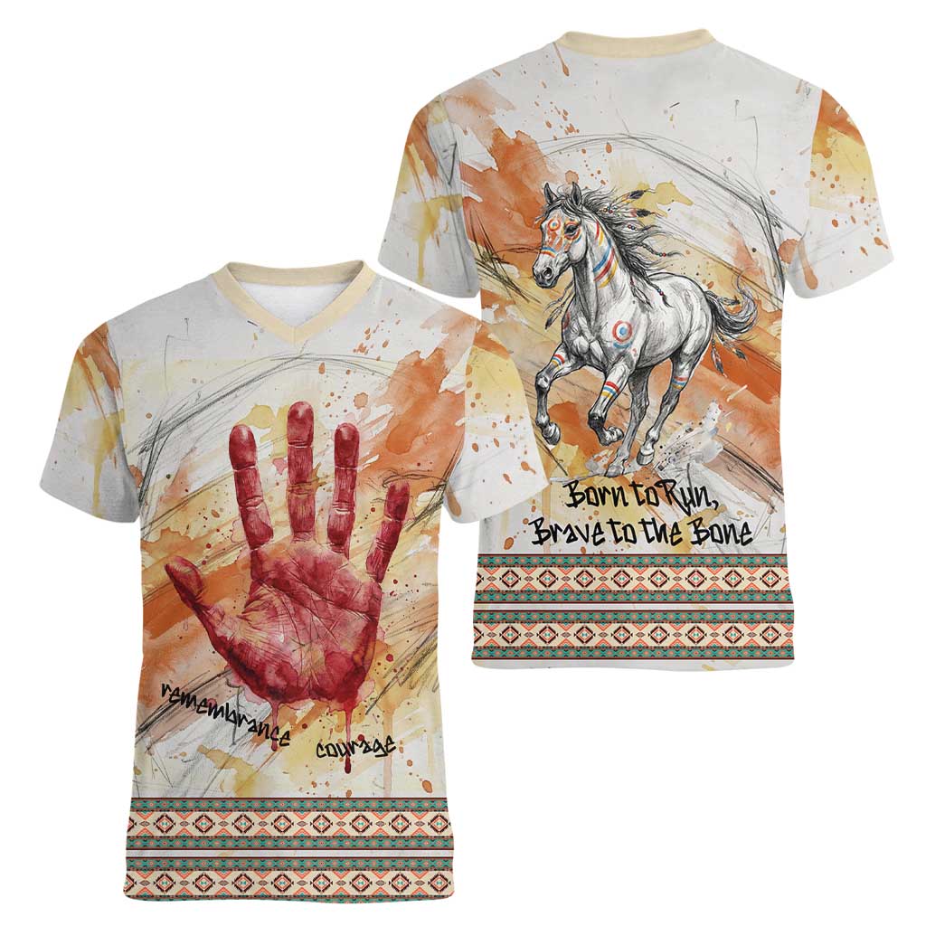 Native American Red Handprint Women V-Neck T-Shirt Watercolor Paint Splash and Brave Horse Art - Wonder Print Shop